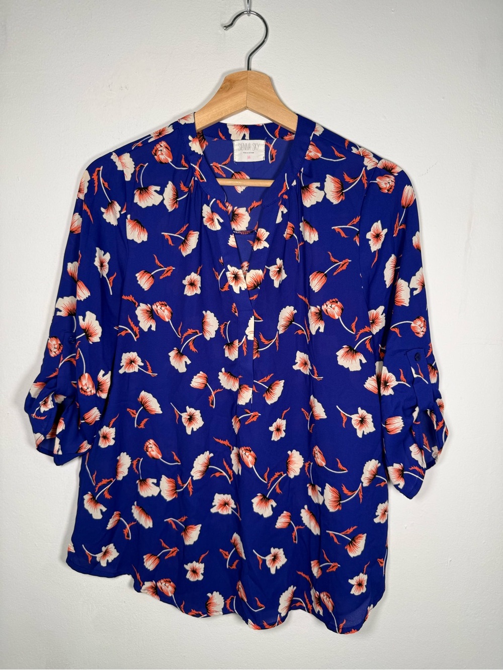 Sienna Sky Floral Split-Neck Blouse in Royal Blue and Coral